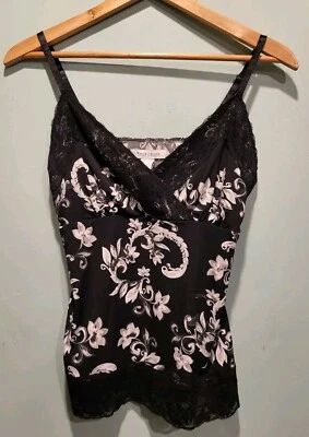 Y2K Black Gray Floral Lace Trim Babydoll Cami Tank Top Sz M WHBM - Image 1 of 4
