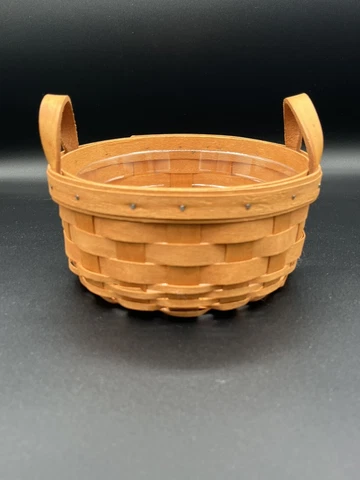 Vintage Longaberger Round Basket with Brown Leather Handles & Liner Cover