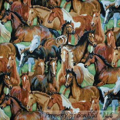 Tecido BonEful FQ colcha de algodão vintage equestre selvagem cabeça de cavalo verde grama prado - Imagem 1 de 4