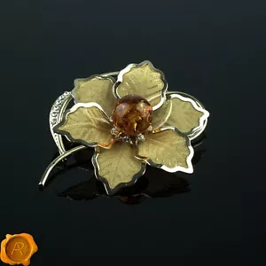 Swarovski Large Baltic Amber Gemstone Gold Flower Gift Jewelry Brooch for Women - Picture 1 of 5