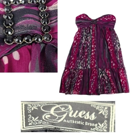 Vestido vintage GUESS púrpura negro lunares, lazo en la espalda, sin tirantes, talla 9 Foto 1 de 4