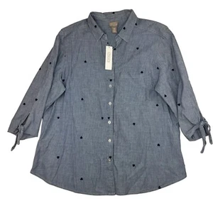 Chico's Lotta Love marineblau gestreiftes Herzdetail 3/4-Ärmel Chambray Oberteil Damengröße 3 - Bild 1 von 8