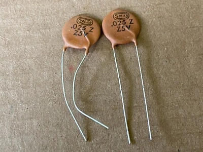 2 Condensadores de disco de cerámica .025 uf solares años 60 NOS .022 tono de guitarra (cantidad) Foto 1 de 4