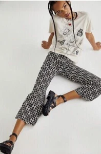 Free People Youthquake Crop Just Float On Flare Jeans Swirled Black White 32 NWT - Picture 1 of 6