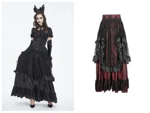 Devil Fashion Black Red Gothic Gorgeous Tiered Lace Ruffle Trim Maxi Party Skirt - Picture 1 of 28