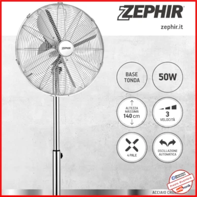 Ventilatore a Piantana Cromato Zephir pf40cr 40cm Silenzioso Oscillante Potente - Immagine 1 di 4