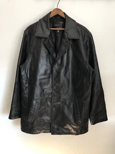 VTG Structure Leather Quilted Lined Button Up Peacoat Style  Jacket Black Large - Picture 1 of 9