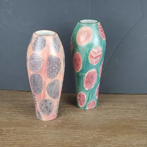 Lot of Two African Hand Carved Soapstone Vase Red & Green Etched Fish & Patterns - Picture 1 of 5