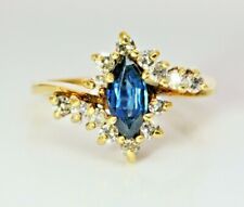 Natural Marquise Sapphire Diamond 10K Yellow Gold Ring Vintage