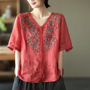 Cotton Linen Tops Womens Loose Short Sleeve Shirt Literary Embroidery Blouse - Picture 1 of 27