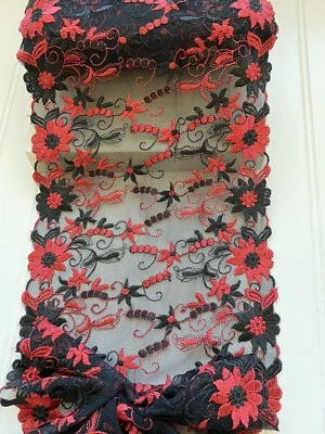 Bordado negro y rojo doble borde encaje ribete hágalo usted mismo costura/artesanía/novia/8" de ancho Foto 1 de 4