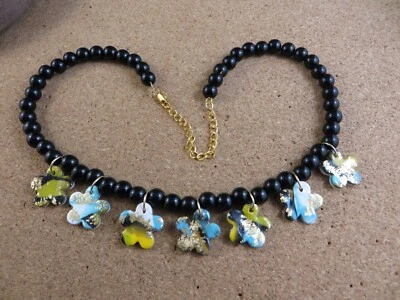 Blue White Green Flower Charms 24k Gold Leaf  Black Onyx Gold-tone Necklace #121 - Image 1 of 4