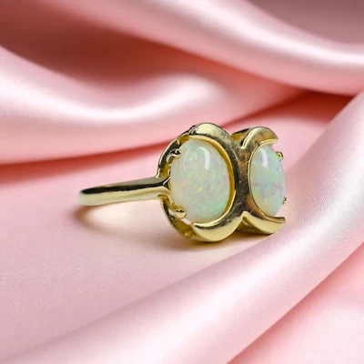 VINTAGE -14K Gold -Natural Australian Opal Moon Ring - Sz 7 -White Opal Ring- 3g - Image 1 of 4