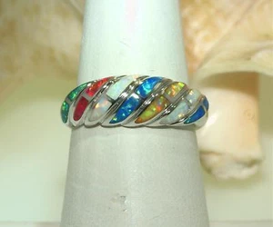 7MM HAWAIIAN RHODIUM 925 SILVER DIAGONAL WAVES INLAID MULTI-COLOR OPAL RING 5-10 - Picture 1 of 8