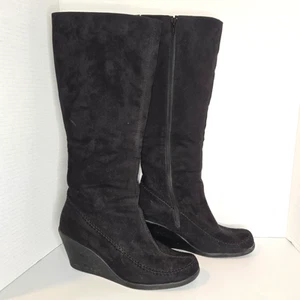 Wool Gather GF Stiefel hoher Keilabsatz schwarz Kunstleder kniehoch Damengröße 8 US - Bild 1 von 10