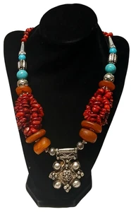 Marokkanische Afrikanische Berber Handwerk Koralle Emailliert Berber Kreuz Halskette - Bild 1 von 3