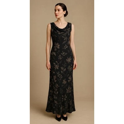 April Cornell Dress Women Large Black Floral Embellished Cowl Neck Maxi Vintage - Image 1 of 4