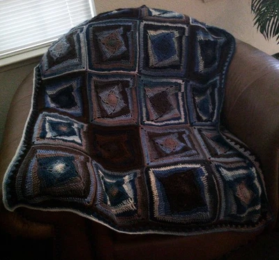 NEW HAND CROCHET BLUE BROWN MULTI COLOR SQUARES AFGHAN LAP BLANKET THROW - Image 1 of 4