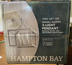 Hampton Bay 3-Light Brushed Nickel Pendant & Weathered Wood Finish NEW Beautiful - Picture 1 of 5