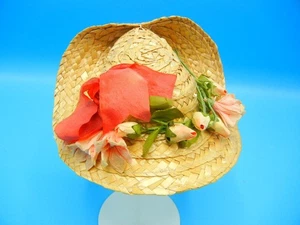 Antique Doll HAT Straw Woven with Ribbon Embellishments & Flowers - Picture 1 of 10