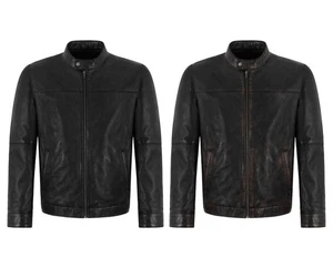 Giacca in pelle da uomo stile racer biker nera cerata vestibilità classica giacca moto - Foto 1 di 12