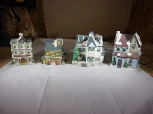 4 SMALL CHRISTMAS VILLAGE ITEMS= BANK, FEEDSTORE, B&B AND A HOUSE. (UNBRANDED) - Picture 1 of 6