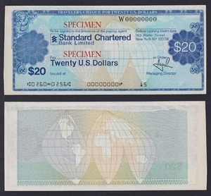 Standard Chartered Bank 20 dollars Travelers Cheque SPECIMEN FDS/UNC - Imagen 1 de 1