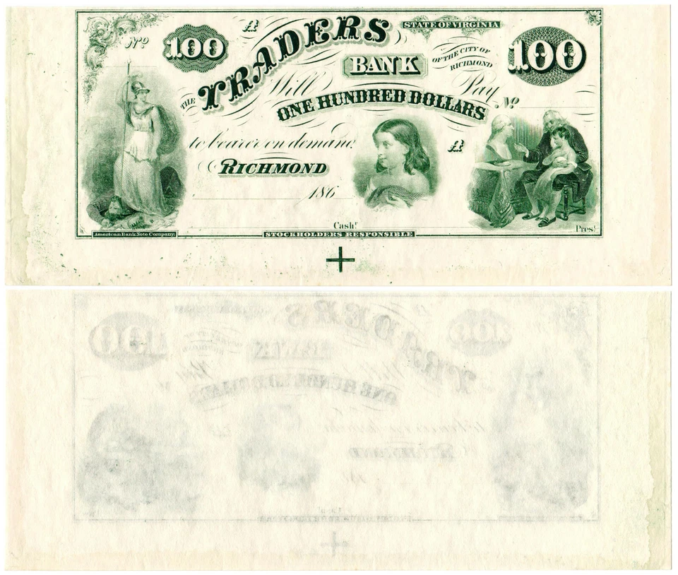 US Virginia Richmond $100 VA195G10 (1860s) Traders Bank **Uncut** UNC - Image 1 of 1
