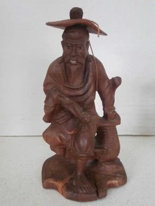 VINTAGE ASIA FIGURINE CHINESE HAND CARVED WOOD STATUE FUMANCHU - Picture 1 of 10