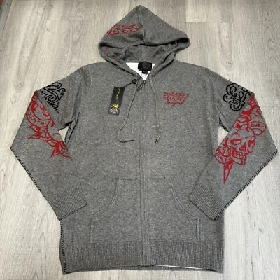Cárdigan Suéter Ed Hardy Tiger Con Capucha Mezcla de Lana Cremallera Tejido Talla Grande Gris Foto 1 de 4