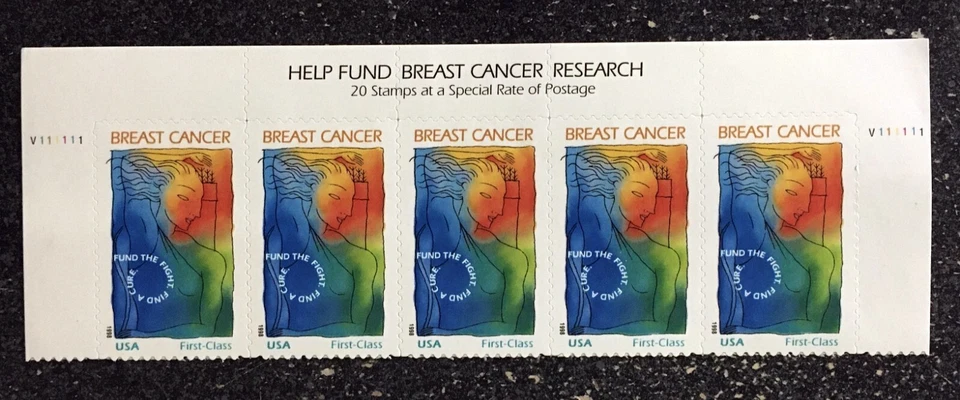 1998USA #B1 32c + 8c Help Breast Cancer Research  Semipostal - Header Strip of 5 - Image 1 of 1
