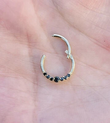 Anel de nariz articulado 16G cartilagem clicador de septo diamantes pretos ouro maciço 14k - Imagem 1 de 2