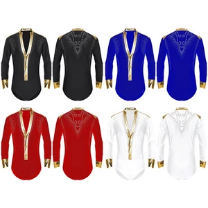 Men's Rhinestone Long Sleeves Ballroom Latin Salsa Tango Dance Shirt Bodysuit - Picture 1 of 27