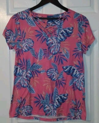 Caribbean Joe Women's Size Medium Pink  Short Sleeve Strappy Neck Detail T-Shirt Foto 1 de 4