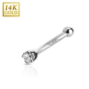 Prong Set Clear CZ 14K White Gold Nose Ring Bone Stud Piercing 20G - Picture 1 of 1