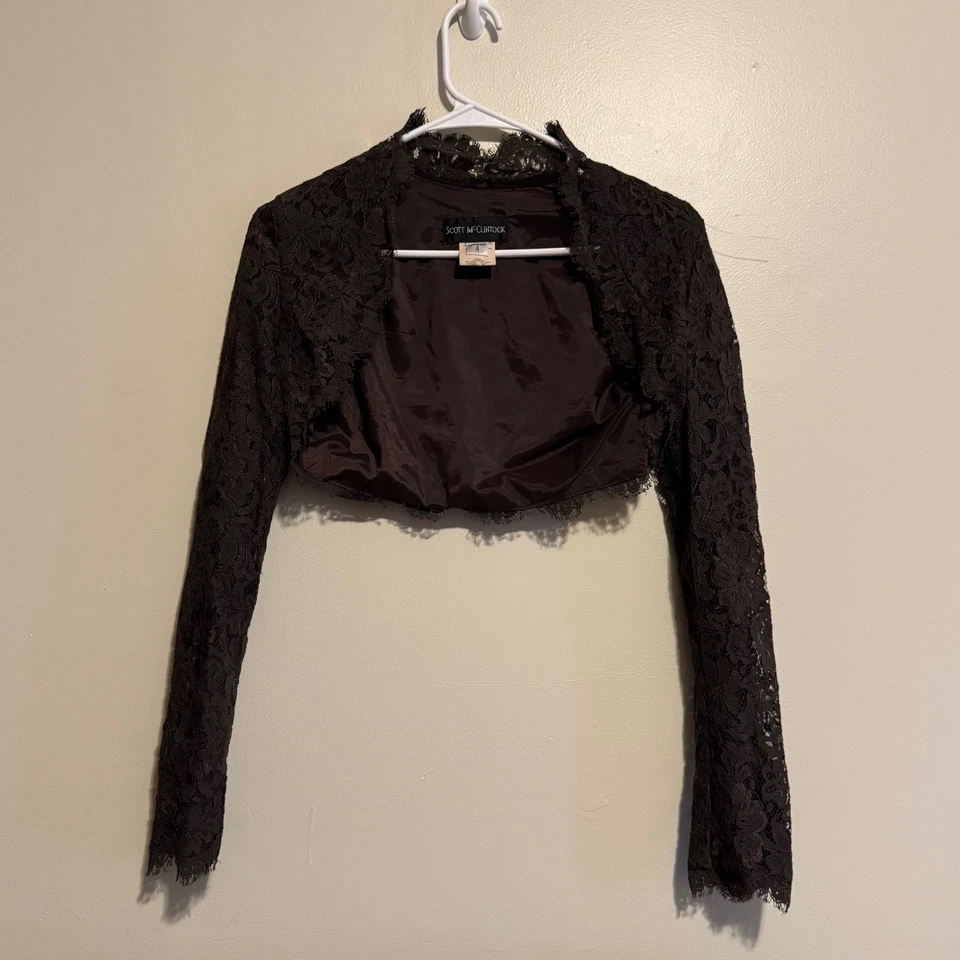VTG Scott McClintock Chocolate Brown Lace Bolero Shrug Cropped Long Sleeve Boho - Image 1 of 3