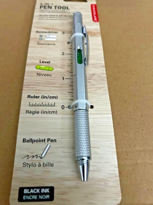 KIKKERLAND Multi Tool Pen Silver 4 in 1 Screwdriver Spirit Level Ruler Clip Mens Gift UK