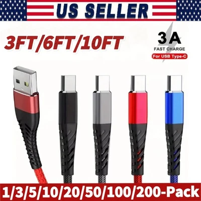 Braided USB Type-C USB-C to USB-A Fast Charge Cable Charger Lot Charging Cord - Image 1 of 4