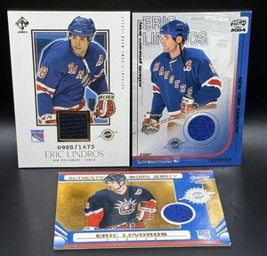 2003-04 Prism Eric Lindros Game Worn Jersey 3 Card LOT #'d 0988/1475 & 913/935 - Picture 1 of 8