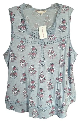 Lucky Brand Women's Sleeveless Top Size Crochet Trim Size L Blue Floral - Image 1 of 4