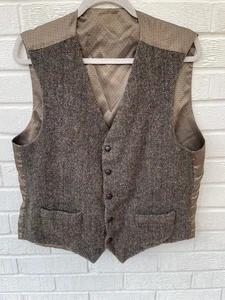 Harris Tweed Waistcoat Mens 40R Brown Herringbone Windowpane Check Vest - Picture 1 of 5