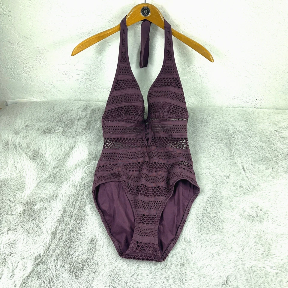 Traje de baño Bleu Rod Beattie para mujer 6 púrpura halter cuello ganchillo malla una pieza Foto 1 de 4