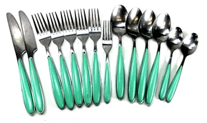 Vintage Studio Nova 14 pc SS Bakelite Handles Flatware Aqua Sea Green MCM - Picture 1 of 6