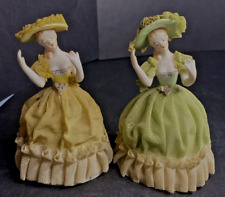 2 Vtg Lace Porcelain Ceramic Ladies In Bonnet Arms Away style Figurine 4.5"
