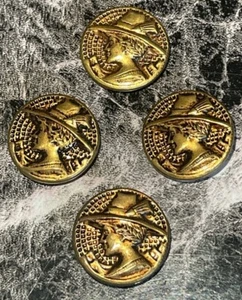 Vintage 4 Gold Tone Lady In Hat 3/4" Metal Picture Button 21-1 - Picture 1 of 5