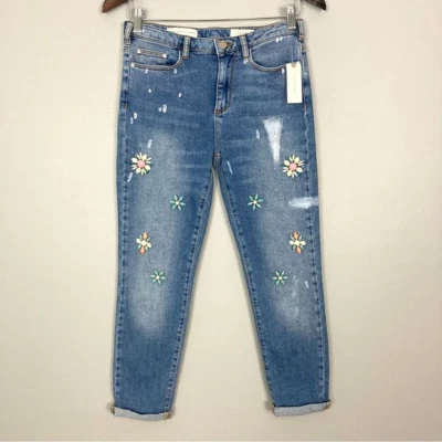 Anthropologie Pilcro 花卉串珠牛仔裤女式 26 码修身腿部裁剪长度 — 第 1/4 张图片