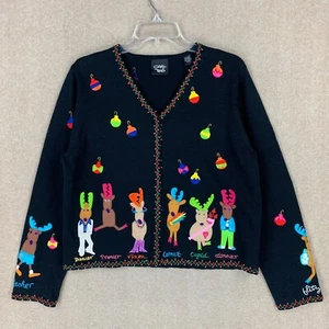 Christine Rotelli Womens Christmas Sweater L Black Knit Cardigan V Neck Reindeer - Picture 1 of 16