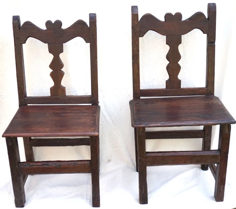 Antique Folk Art Pair Rustic Spanish Carved Wood Chairs Baluster Heart 17th C Cover