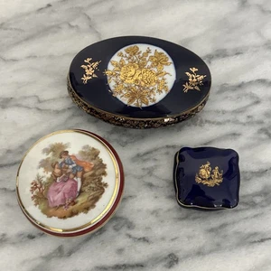Lotto 3 scatole portagioie vintage Limoges France varie forme e dimensioni blu oro 22k - Foto 1 di 15