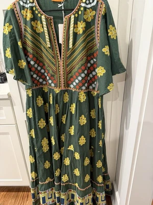 Vestido Oliphant Flirty Decote V Maxi-Lucknow Verde Bordado Novo com etiquetas ($398) com Grande - Imagem 1 de 4